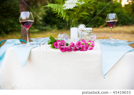 Wedding decoration in forest. Rustic ceremony. Wedding decoration in forest. Rustic ceremony. 45419033