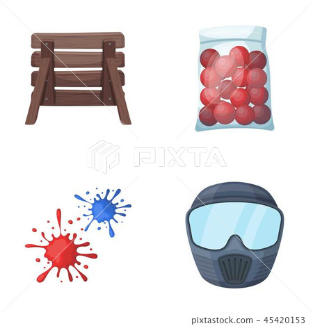 Wooden barricade, protective mask and other accessories. Paintball single icon in cartoon style Wooden barricade, protective mask and other accessories. Paintball single icon in cartoon style 45420153