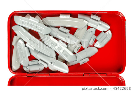Clip-on zinc tire weights in red metal box Clip-on zinc tire weights in red metal box 45422698