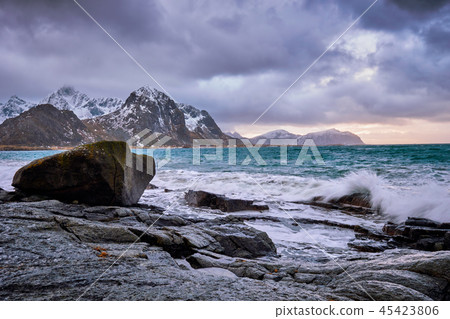 Rocky coast of fjord in Norway 45423806