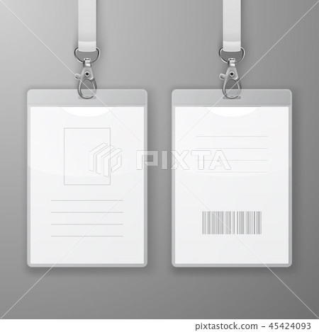 Two Vector Realistic Blank Office Graphic Id Cards with Clasp and Lanyard Closeup Isolated. Front 45424093