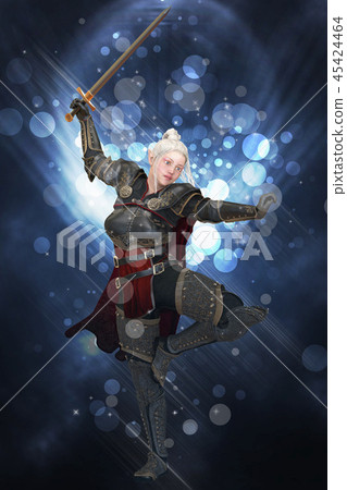Woman elf warrior with sword on fantasy abstract background 3D illustration Woman elf warrior with sword on fantasy abstract background 3D illustration 45424464