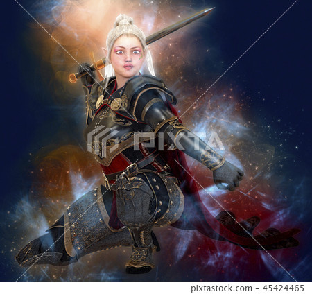 Woman elf warrior with sword on fantasy abstract background 3D illustration Woman elf warrior with sword on fantasy abstract background 3D illustration 45424465