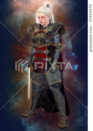 Woman elf warrior with sword on fantasy abstract background 3D illustration 45424470