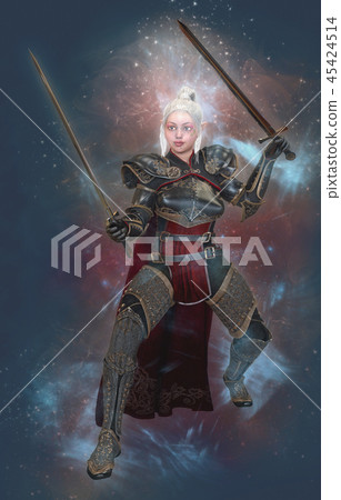Woman elf warrior with swords on fantasy abstract background 3D illustration 45424514