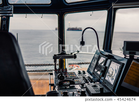 Bridge ship equipment. telegraph handles vhf radio, navigation devices 45424674