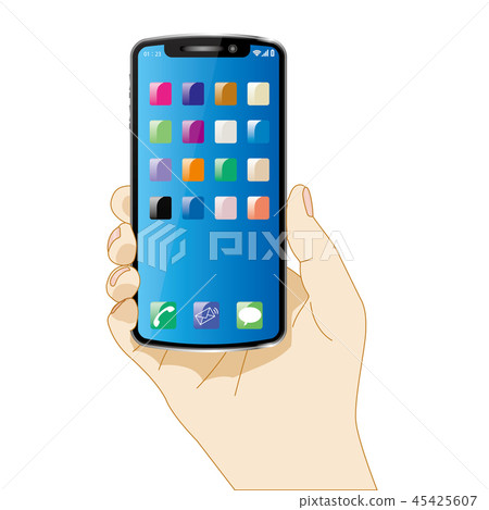Illustration of the right hand holding a smartphone | White background | Hand with smartphone Illustration of the right hand holding a smartphone | White background | Hand with smartphone 45425607