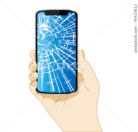 Illustration of the right hand with a smartphone | Cracks on the screen / White background | Hand with smartphone 45425612
