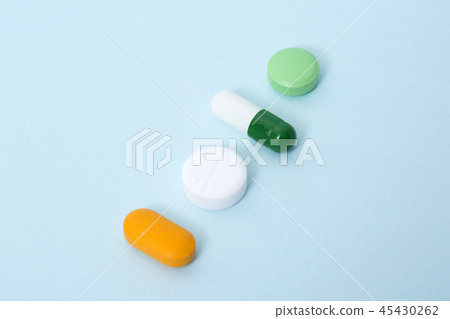 Health care items concept photo. Skin care, medical elements, pharmacy and drug capsule. 186 45430262