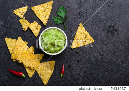 Traditional Mexican food guacamole and corn chips Traditional Mexican food guacamole and corn chips 45431687