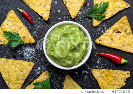 Guacamole and Corn Chips closeup Guacamole and Corn Chips closeup 45431690