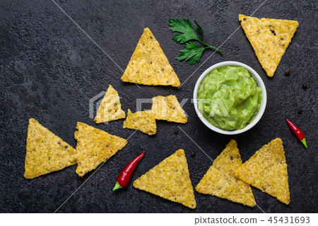Traditional Mexican guacamole and corn chips Traditional Mexican guacamole and corn chips 45431693