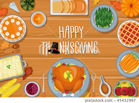 Thanksgiving greeting card dinner table in flat st 45432997