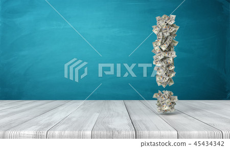 3d rendering of an exclamation sign made of many dollar bills hovering over a wooden desk. 45434342