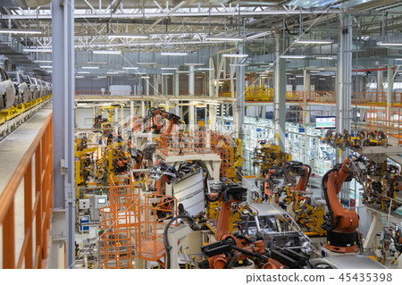 body of car on conveyor top view. Modern Assembly of cars at the plant. The automated build process 45435398