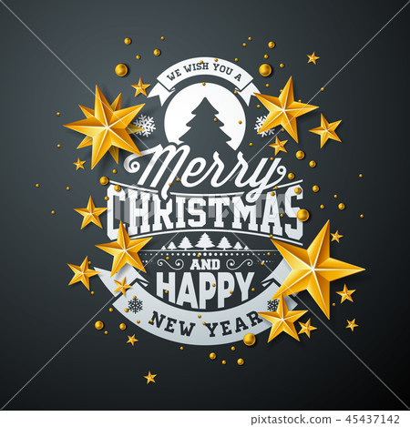 Merry Christmas Illustration with Gold Glass Ball, Star and Typography Elements on Black Background 45437142