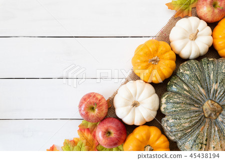 Top view of Autumn maple leaves with Pumpkin Top view of Autumn maple leaves with Pumpkin 45438194