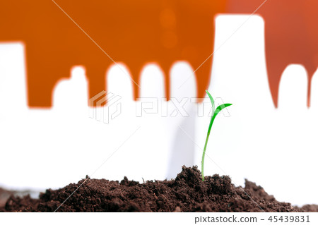 Young green plant in soil opposite factory 45439831