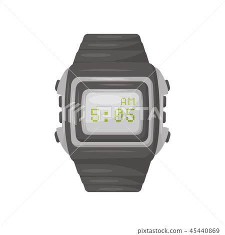 Men s wrist watch with gray bracelet, buttons and digital display. Electronic device. Flat vector Men s wrist watch with gray bracelet, buttons and digital display. Electronic device. Flat vector 45440869