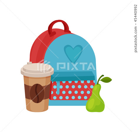 Flat vector illustration of school lunch. Backpack, coffee in plastic cup with lid and ripe pear 45440992