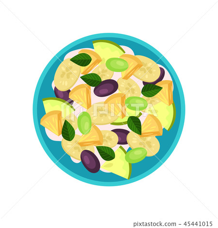 Fruit salad made of banana, pineapple, plum, green grape and yogurt. Tasty dish, top view. Healthy Fruit salad made of banana, pineapple, plum, green grape and yogurt. Tasty dish, top view. Healthy 45441015