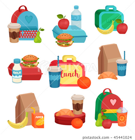 Flat vector set of colorful compositions with school food. Tasty meal. Delicious fruits, drinks and Flat vector set of colorful compositions with school food. Tasty meal. Delicious fruits, drinks and 45441024