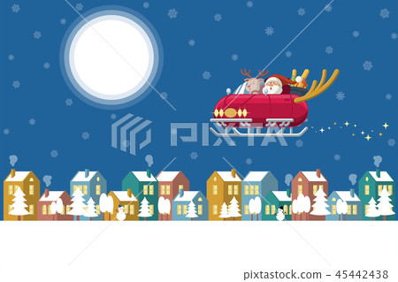 Santa flying sleigh car over winter town at night Santa flying sleigh car over winter town at night 45442438