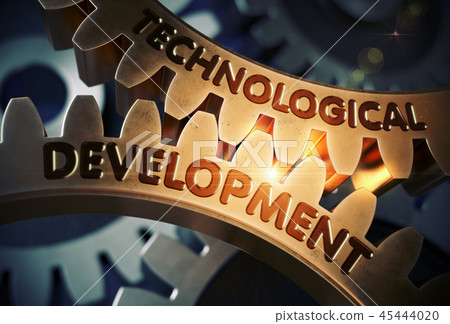 Technological Development on Golden Cogwheels. 3D Render. 45444020