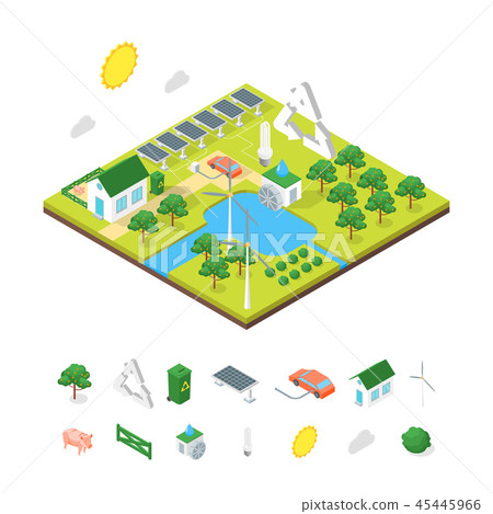 Ecology Green Energy Consumption and Elements Concept 3d Isometric View. Vector Ecology Green Energy Consumption and Elements Concept 3d Isometric View. Vector 45445966