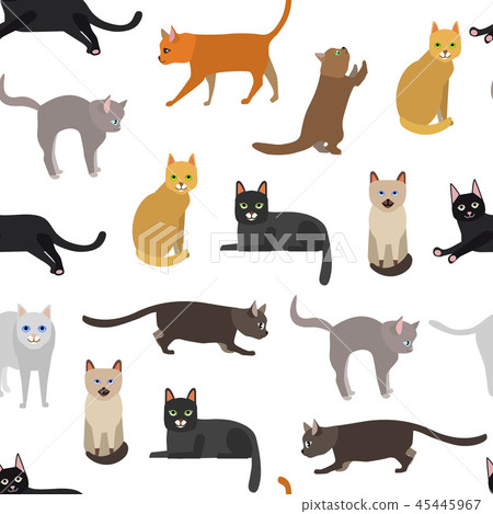 Cartoon Different Types Cute Cats Characters Seamless Pattern Background. Vector Cartoon Different Types Cute Cats Characters Seamless Pattern Background. Vector 45445967