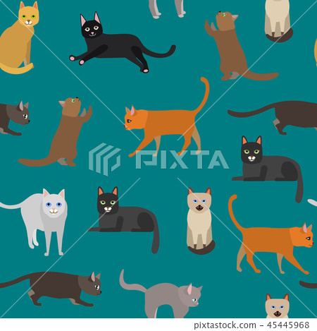 Cartoon Different Types Cute Cats Characters Seamless Pattern Background. Vector Cartoon Different Types Cute Cats Characters Seamless Pattern Background. Vector 45445968