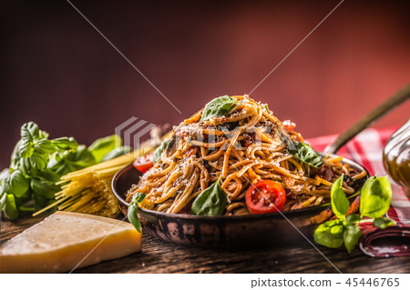 Spaghetti with tomato sauce olive oil and basil. 45446765