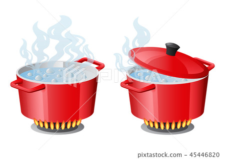 Set red pans with boiling water, opened and closed pan lid Set red pans with boiling water, opened and closed pan lid 45446820