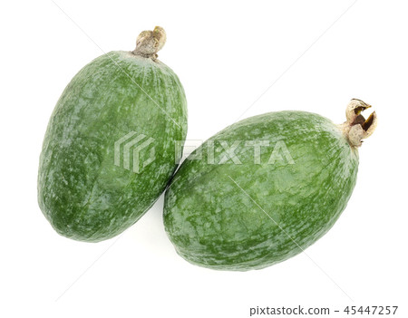 Tropical fruit feijoa Acca sellowiana isolated on white background. Top view. Flat lay pattern 45447257