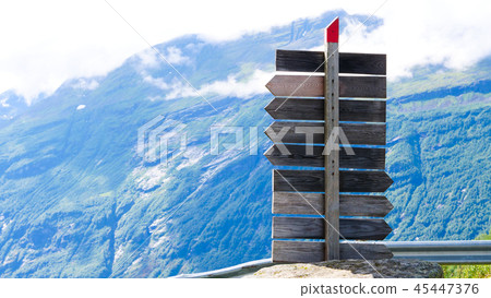 Wooden sign in norwegian mountains. Wooden sign in norwegian mountains. 45447376