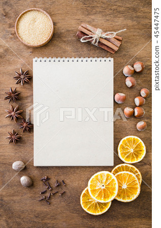 Notebook for writing recipe or menu. Culinary background. 45447475