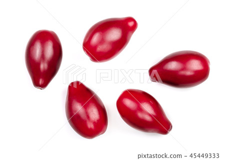 Red berries of cornel or dogwood isolated on white background. Top view. Flat lay Red berries of cornel or dogwood isolated on white background. Top view. Flat lay 45449333