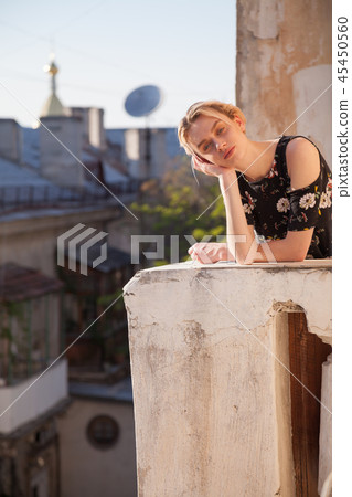 beautiful fashionable woman blonde in dress with flowers beautiful fashionable woman blonde in dress with flowers 45450560