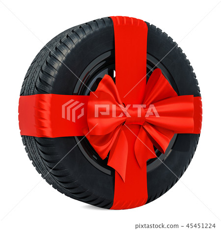 Car wheel wrapped ribbon and bow, gift concept 45451224