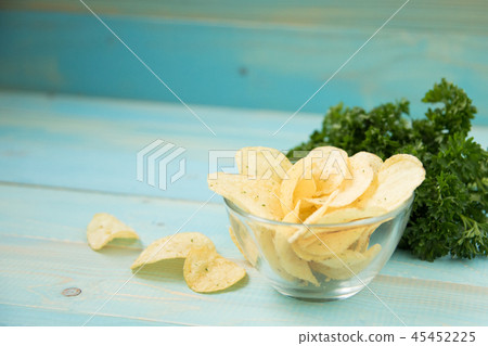 Potato chips with spicy in a glass bowl Potato chips with spicy in a glass bowl 45452225