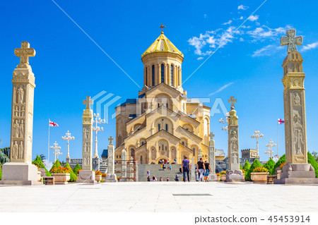 Main view with the stair case and cross pillars columns to Tbilisi Sameba Cathedral Tsminda Holy 45453914