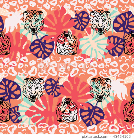 Jungle seamless vector pattern with wild cats and tropical plants in red coral colors. 45454103