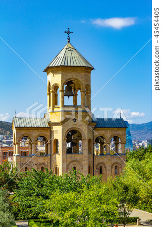 Beautiful view to chapel on site to Sameba Cathedral Tsminda in Tbilisi Holy Trinity . Biggest 45454405