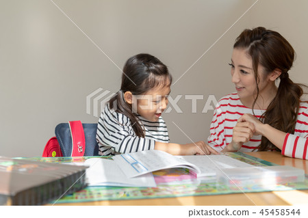 Girl, parent and child, children's room, study, homework Girl, parent and child, children's room, study, homework 45458544