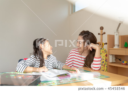 Girl, parent and child, children's room, study, homework 45458546