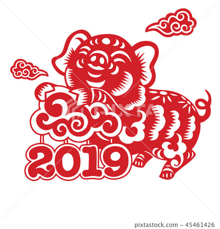 Chinese Zodiac Sign Year of Pig paper cut pig Stock