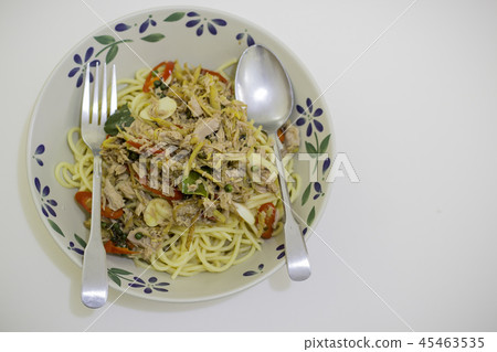 Spaghetti tuna lunch on holiday. The food we like. Spaghetti tuna lunch on holiday. The food we like. 45463535
