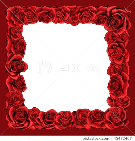 Frame of red blossom rose flowers for greeting card, wedding or Valentines day. 45472407