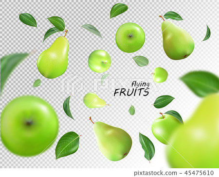 Vector falling green apples and pears isolated on transparent background. The fruit as a whole 45475610
