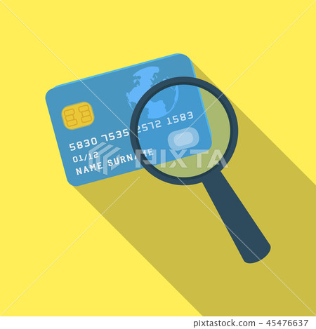 Plastic credit card with a magnifying glass. Detective looking for fingerprints.Detective single Plastic credit card with a magnifying glass. Detective looking for fingerprints.Detective single 45476637